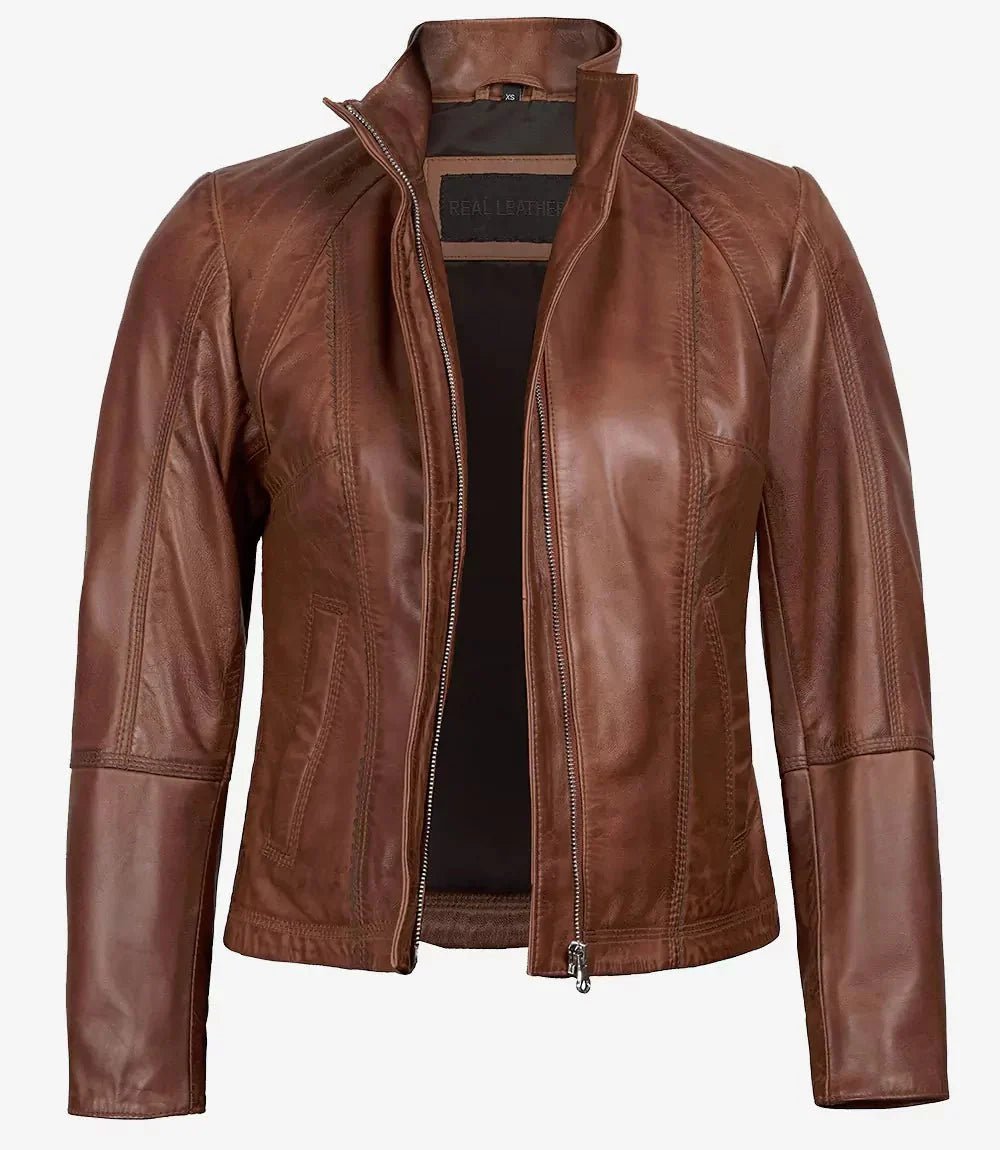 Acerra Womens Cognac Brown Biker Real Leather Jacket - Vox Leather