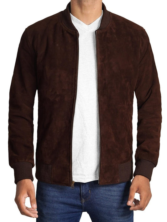 Adamsville Mens Dark Brown Suede Bomber Jacket - Vox Leather