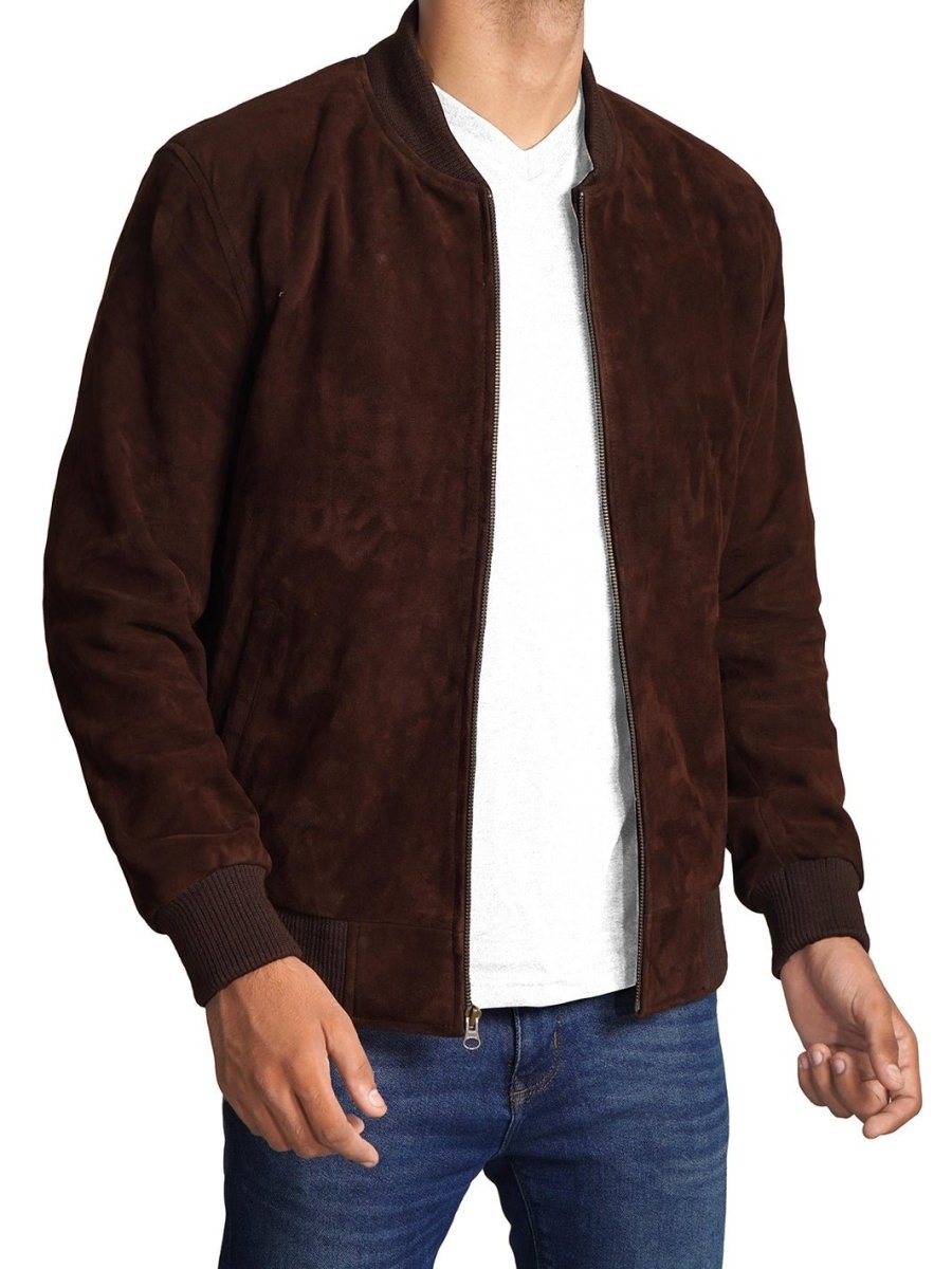 Adamsville Mens Dark Brown Suede Bomber Jacket - Vox Leather