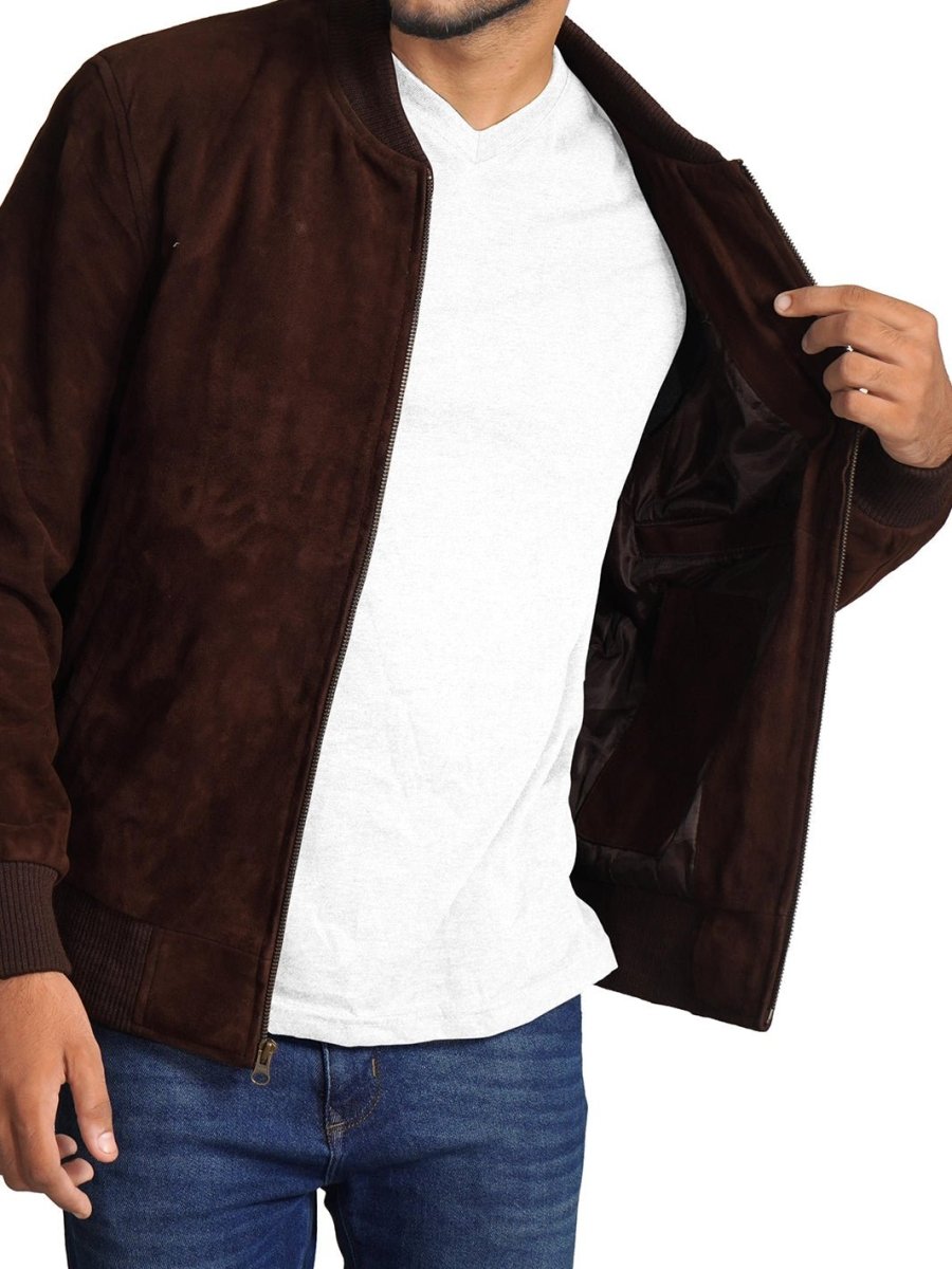 Adamsville Mens Dark Brown Suede Bomber Jacket - Vox Leather
