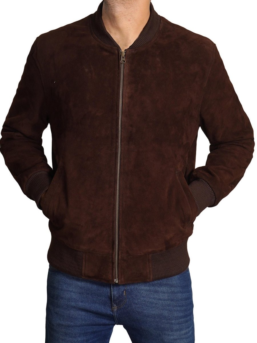 Adamsville Mens Dark Brown Suede Bomber Jacket - Vox Leather