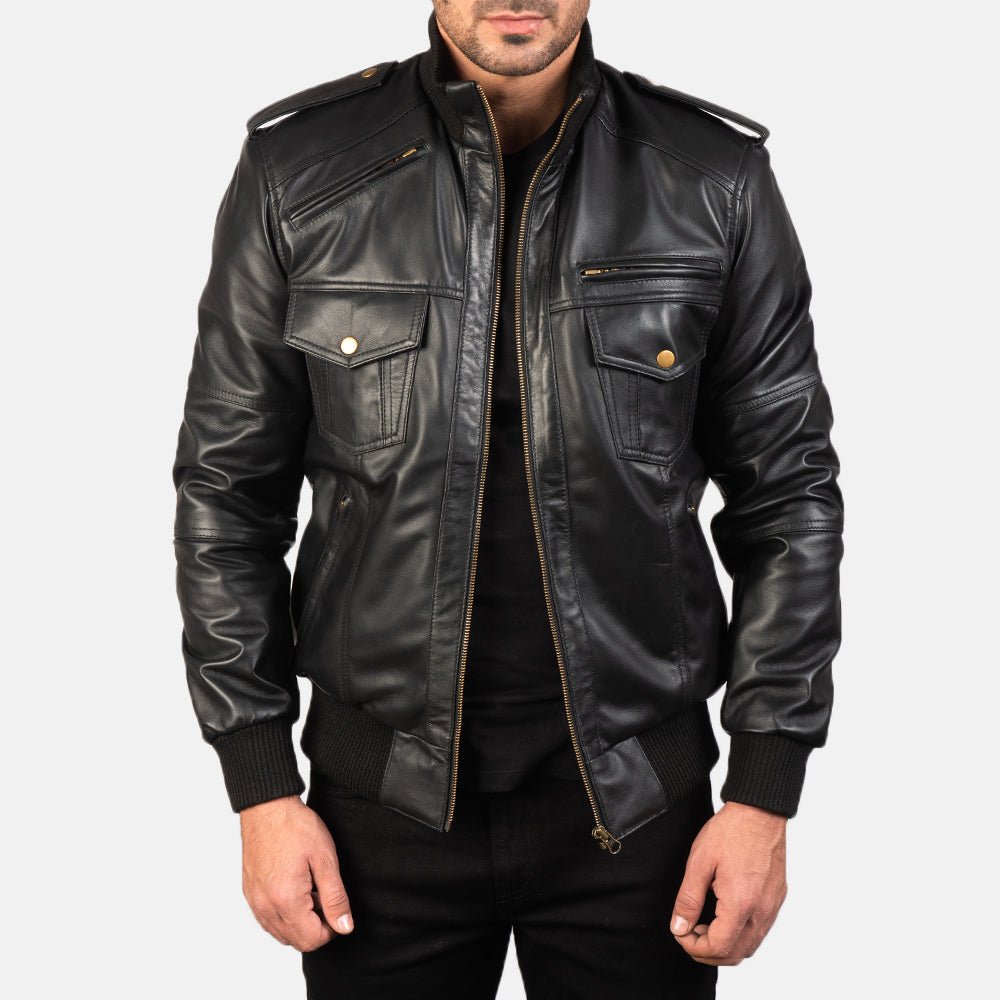 Agent Shadow Black Leather Bomber Jacket - Vox Leather