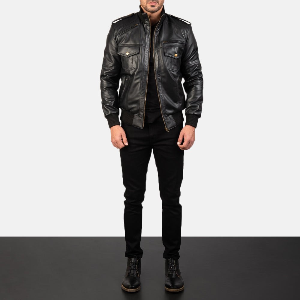 Agent Shadow Black Leather Bomber Jacket - Vox Leather