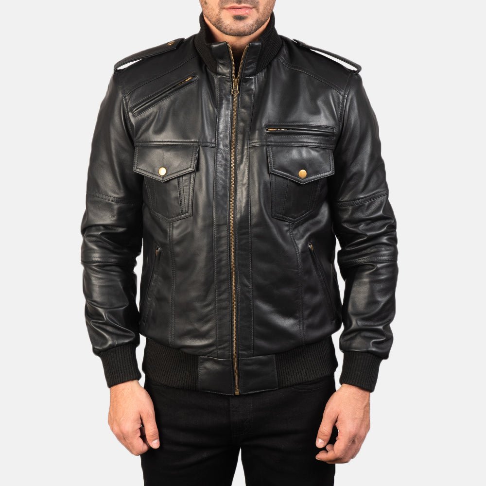 Agent Shadow Black Leather Bomber Jacket - Vox Leather