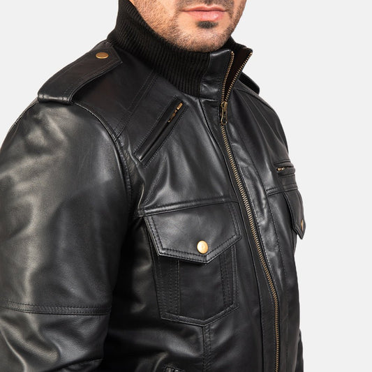 Agent Shadow Black Leather Bomber Jacket - Vox Leather