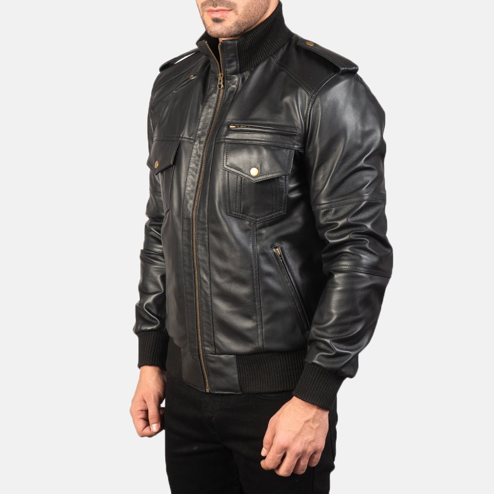 Agent Shadow Black Leather Bomber Jacket - Vox Leather