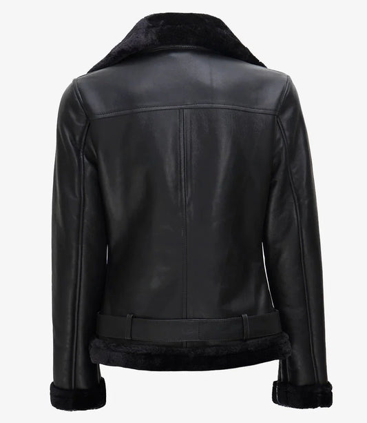 Agnes Womens Black Asymmetrical Leather Shearling Jacket - Rare Leather
