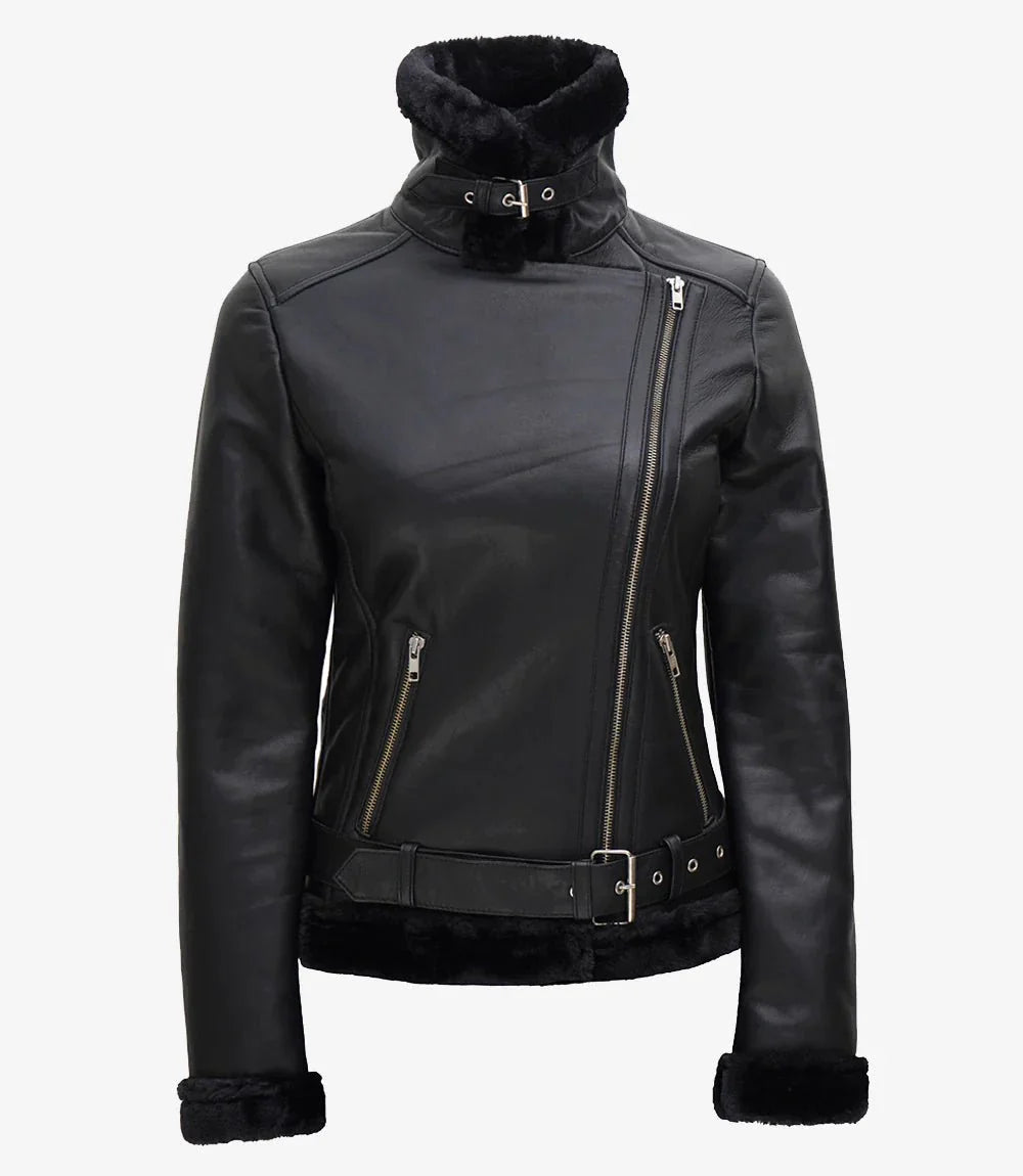 Agnes Womens Black Asymmetrical Leather Shearling Jacket - Rare Leather