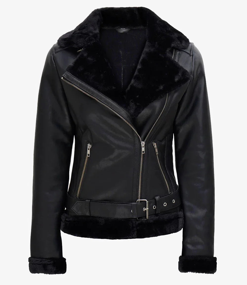 Agnes Womens Black Asymmetrical Leather Shearling Jacket - Rare Leather