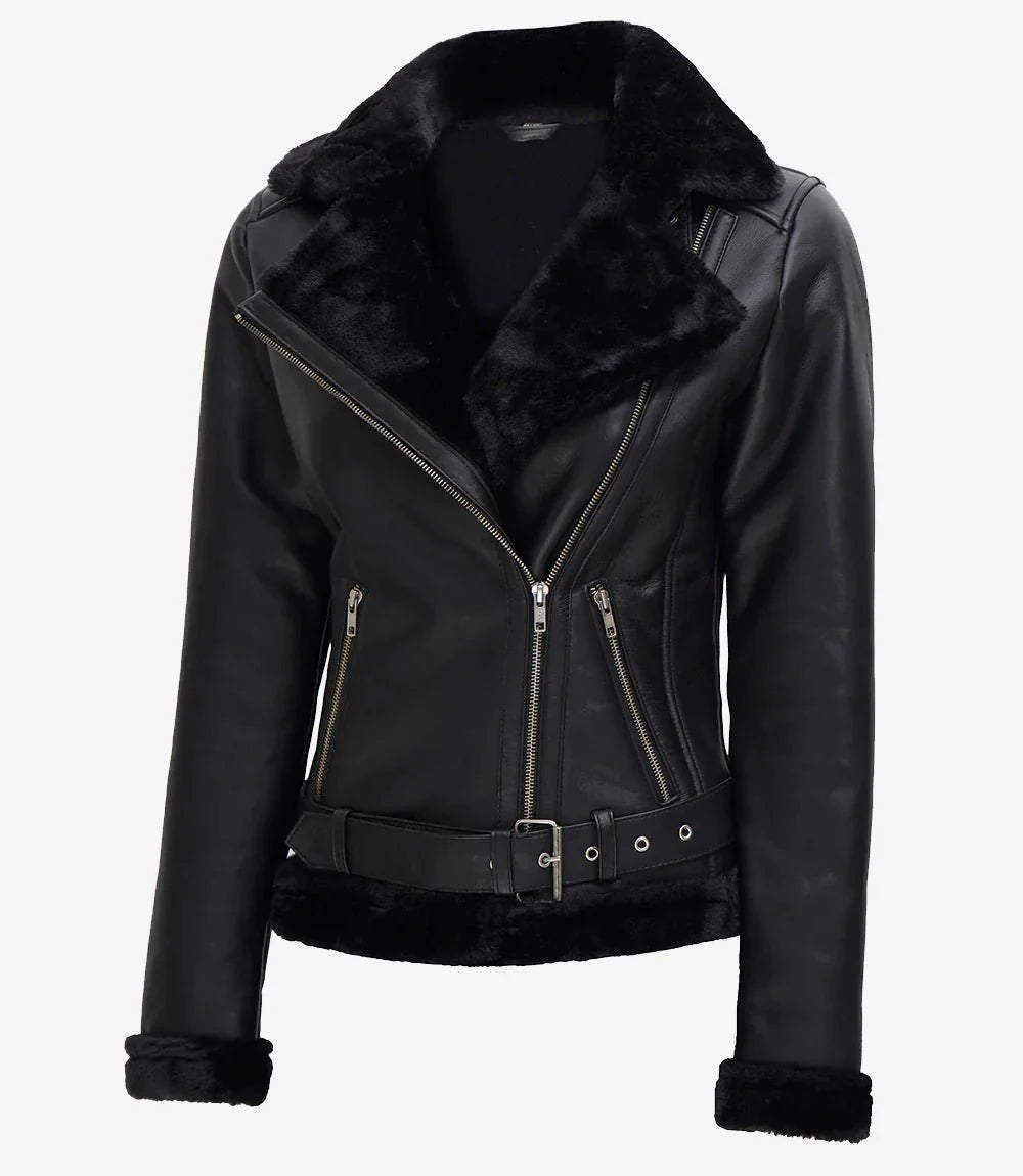 Agnes Womens Black Asymmetrical Leather Shearling Jacket - Rare Leather