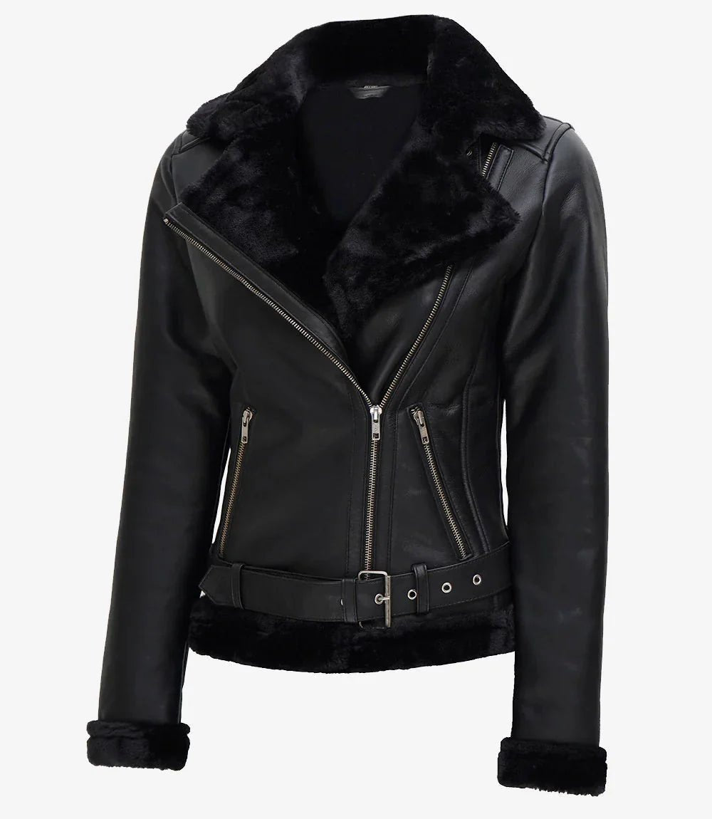 Agnes Womens Black Asymmetrical Leather Shearling Jacket - Vox Leather