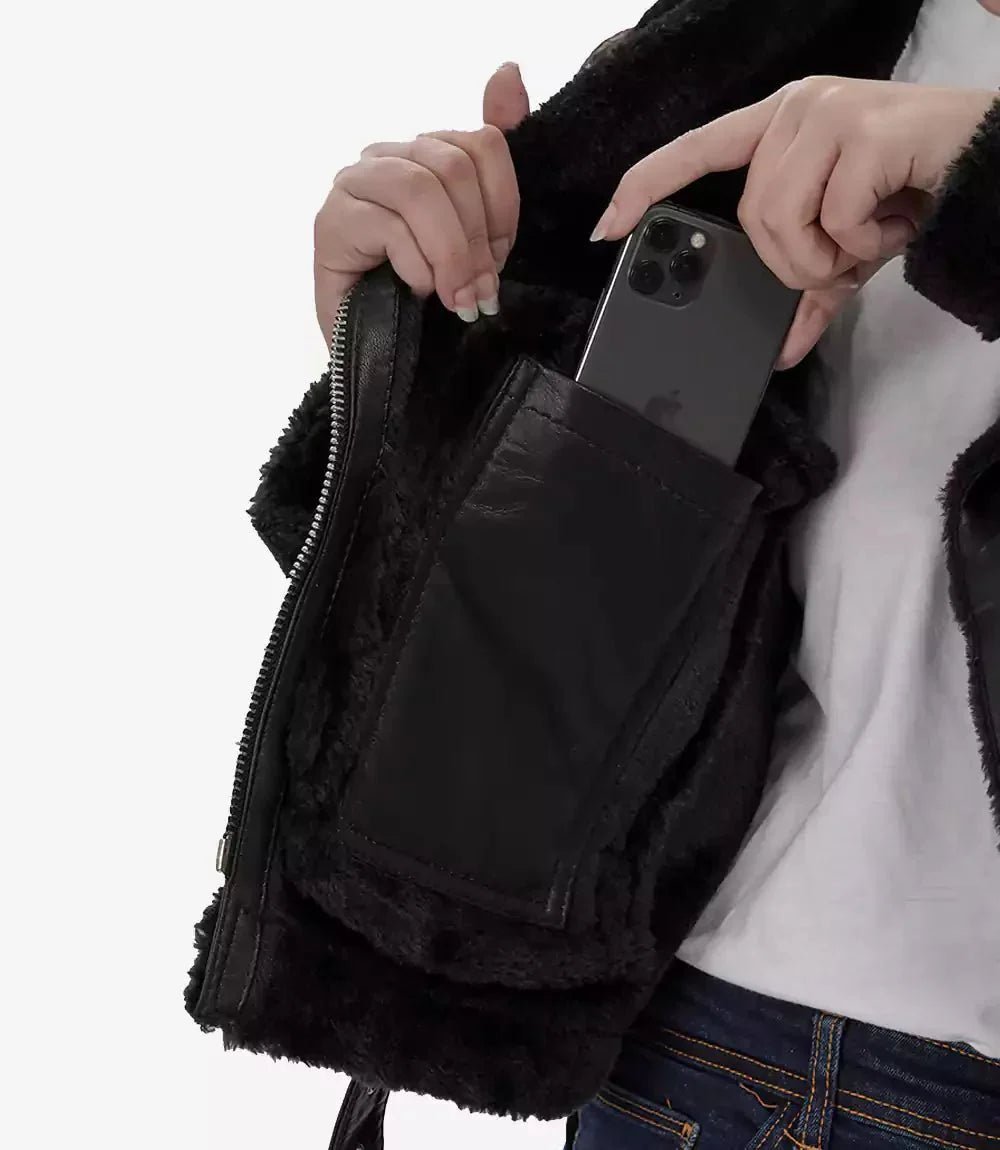 Agnes Womens Black Asymmetrical Leather Shearling Jacket - Vox Leather