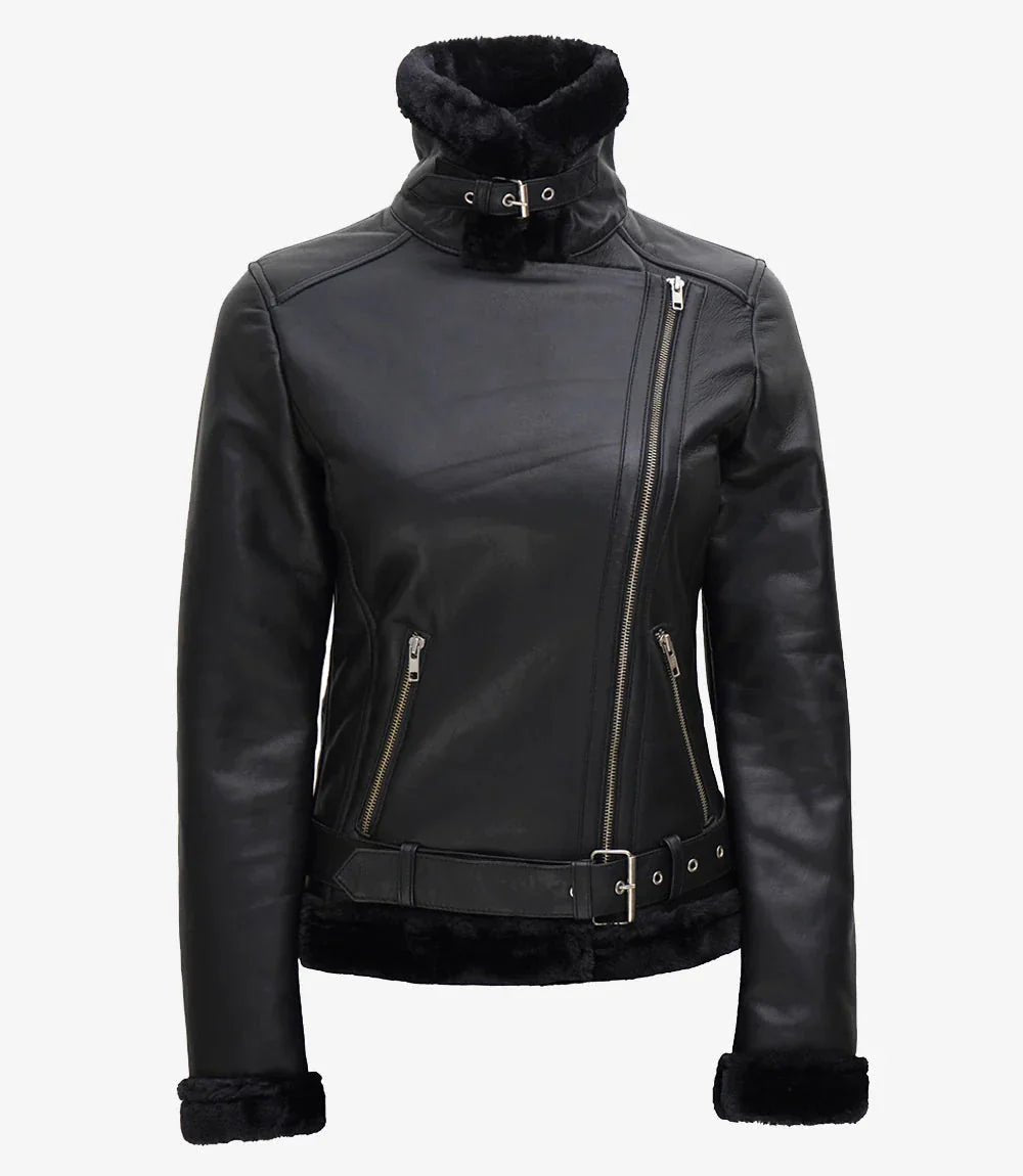 Agnes Womens Black Asymmetrical Leather Shearling Jacket - Vox Leather