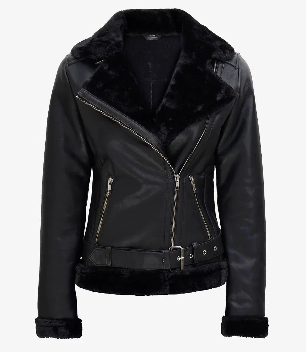 Agnes Womens Black Asymmetrical Leather Shearling Jacket - Vox Leather