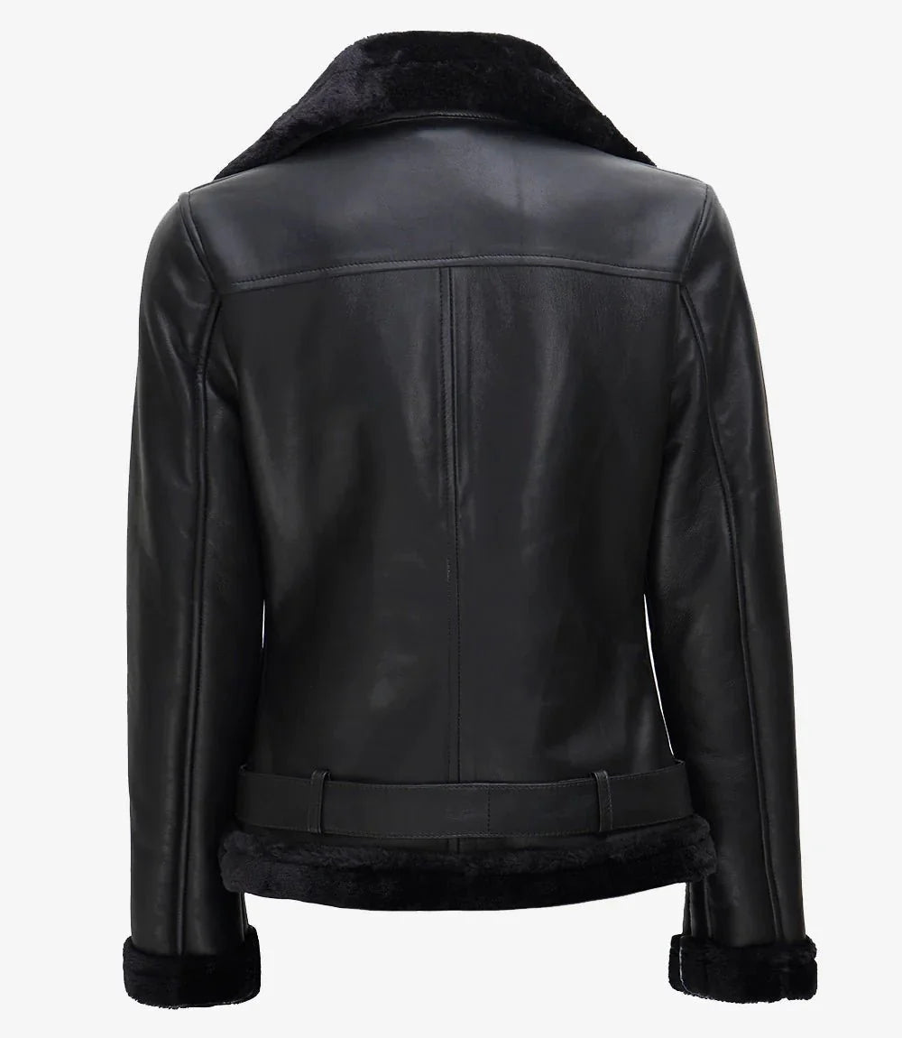 Agnes Womens Black Asymmetrical Leather Shearling Jacket - Vox Leather