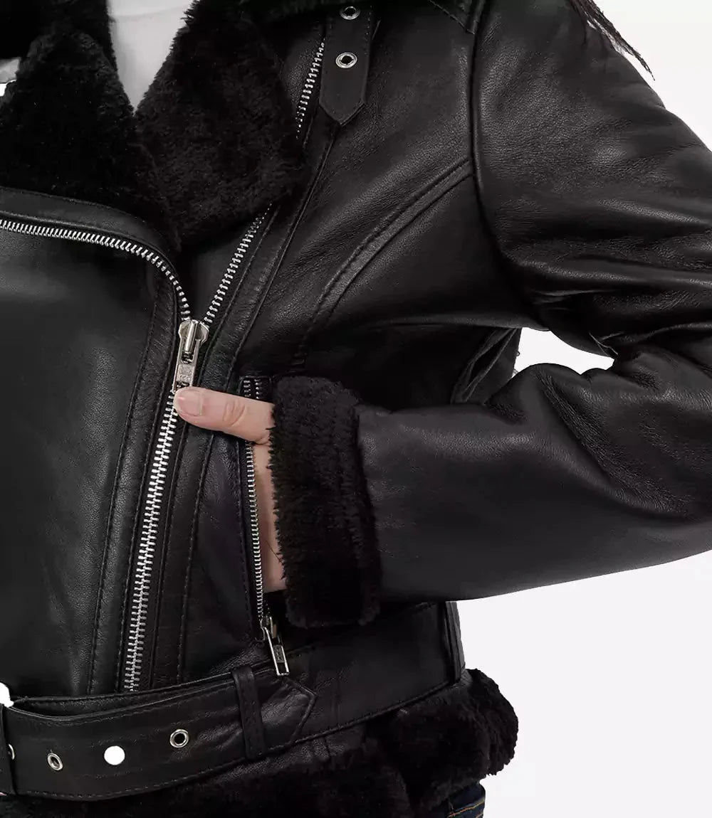 Agnes Womens Black Asymmetrical Leather Shearling Jacket - Vox Leather
