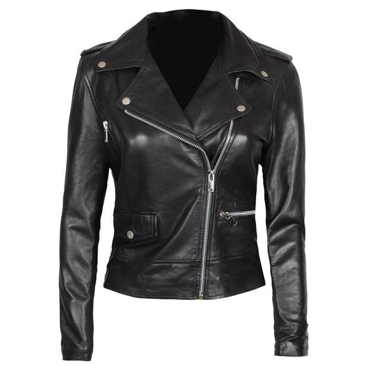 Amber Womens Asymmetrical Black Biker Leather Jacket - Rare Leather