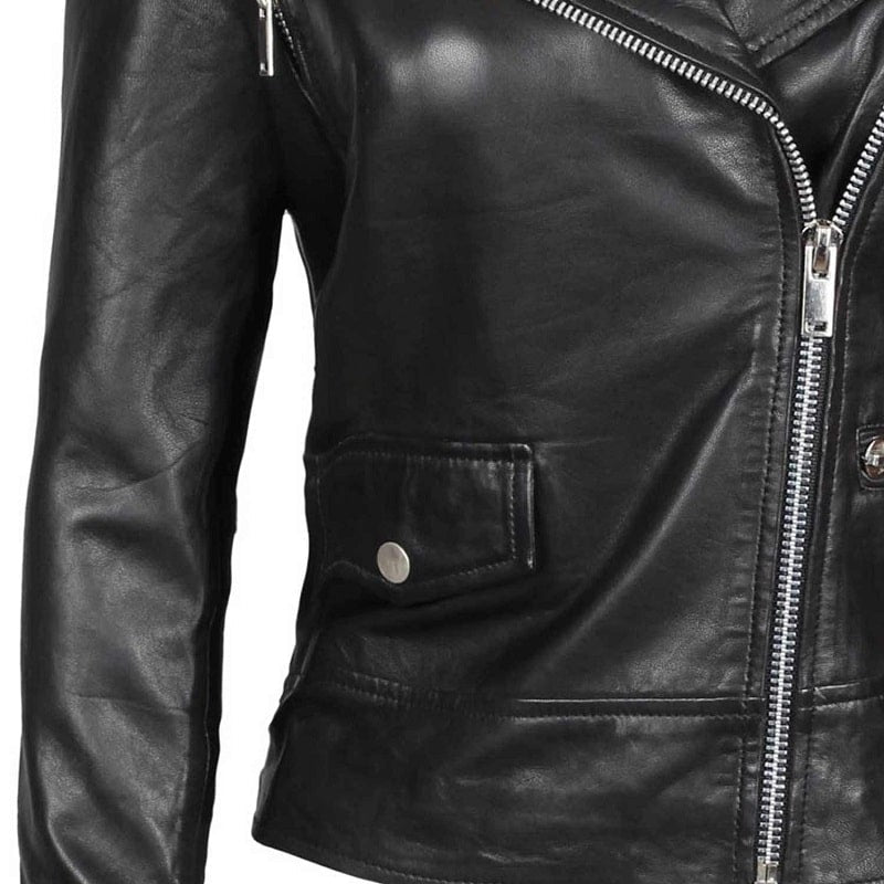 Amber Womens Asymmetrical Black Biker Leather Jacket - Vox Leather