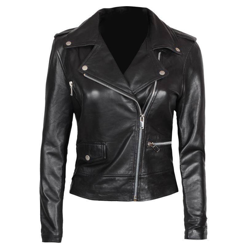 Amber Womens Asymmetrical Black Biker Leather Jacket - Vox Leather