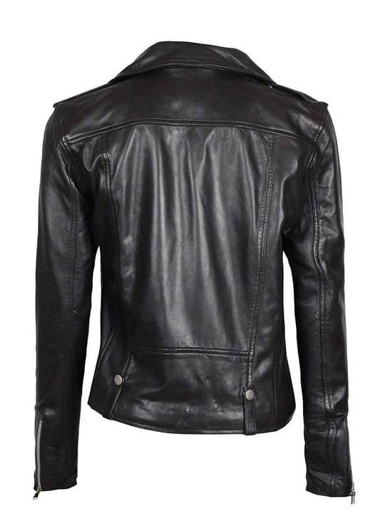 Amber Womens Asymmetrical Black Biker Leather Jacket - Vox Leather