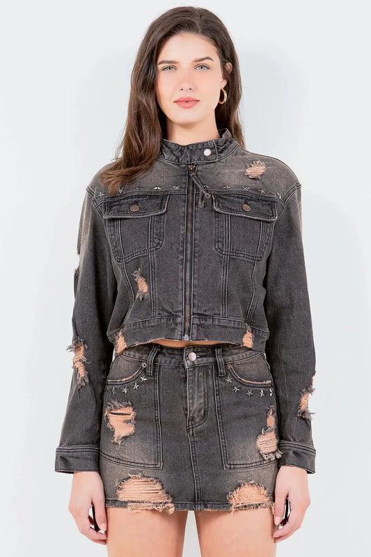 American Bazi Full Size Distressed Star Stud Trim Denim Rider Jacket Plus Size - Rare Leather