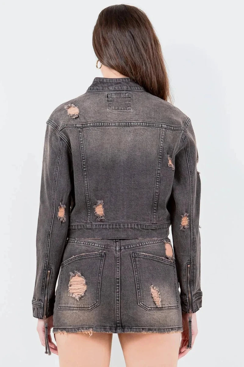American Bazi Full Size Distressed Star Stud Trim Denim Rider Jacket Plus Size - Vox Leather