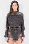 American Bazi Full Size Distressed Star Stud Trim Denim Rider Jacket Plus Size - Vox Leather