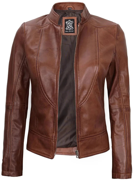 Amy Women Cognac Brown Cafe Racer Leather Jacket - Vox Leather