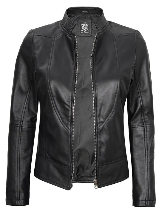 Amy Women's Black Cafe Racer Leather Jacket - Rare Leather
