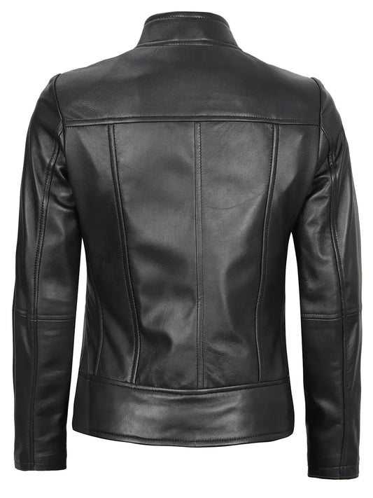 Amy Women's Black Cafe Racer Leather Jacket - Rare Leather
