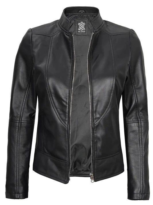 Amy Women's Black Cafe Racer Leather Jacket - Vox Leather