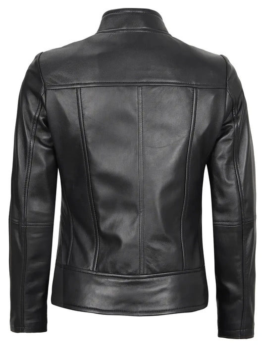 Amy Women's Black Cafe Racer Leather Jacket - Vox Leather