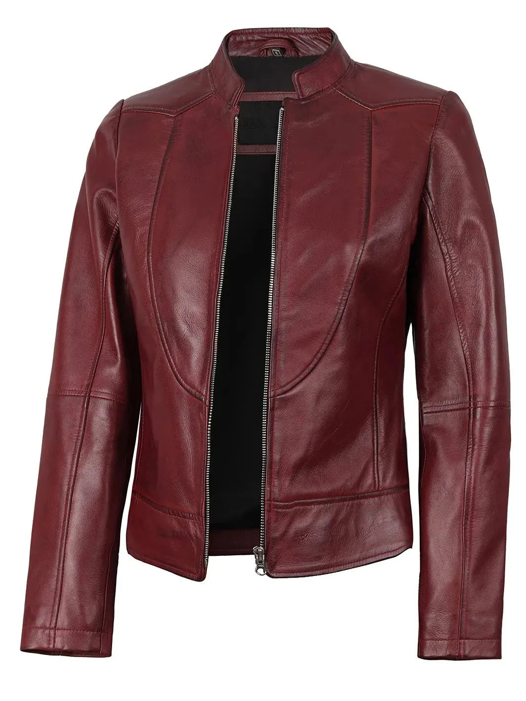 Amy Womens Burgundy Cafe Racer Leather Jacket - Rare Leather