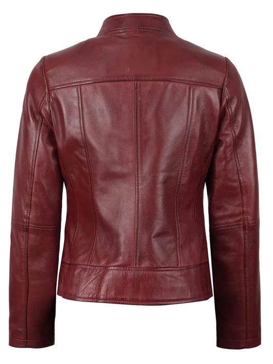 Amy Womens Burgundy Cafe Racer Leather Jacket - Vox Leather