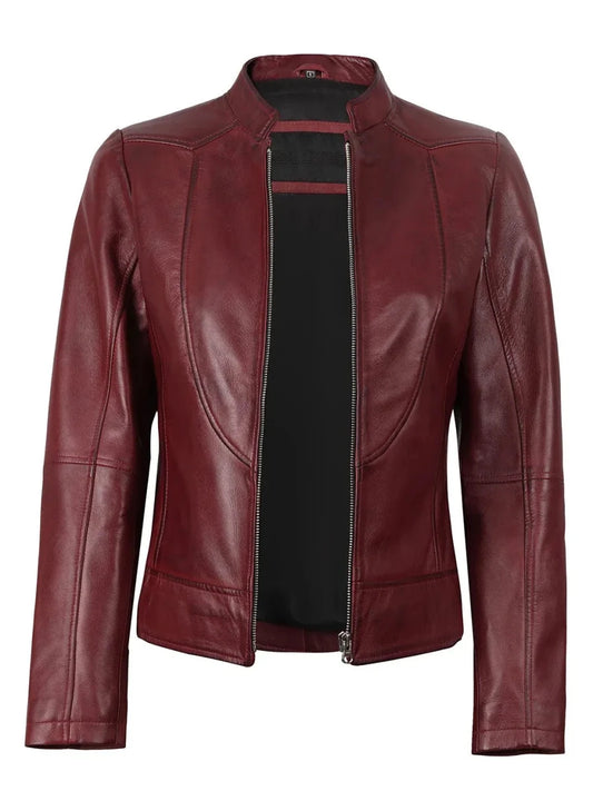 Amy Womens Burgundy Cafe Racer Leather Jacket - Vox Leather