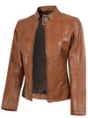 Amy Womens Cafe Racer Tan Brown Real Leather Jacket - Rare Leather