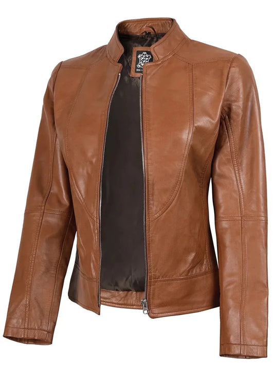 Amy Womens Cafe Racer Tan Brown Real Leather Jacket - Vox Leather
