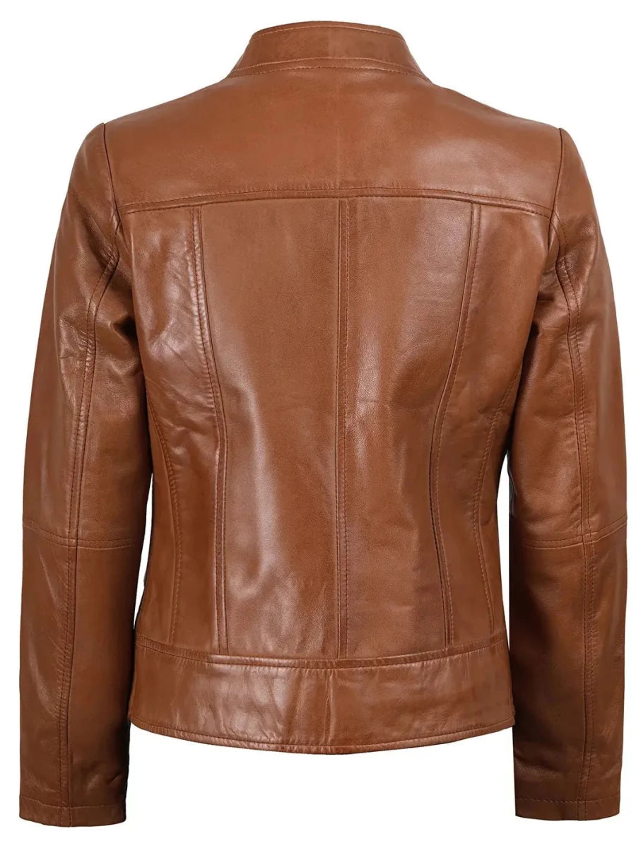 Amy Womens Cafe Racer Tan Brown Real Leather Jacket - Vox Leather