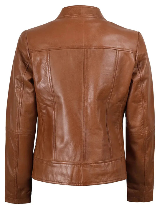 Amy Womens Cafe Racer Tan Brown Real Leather Jacket - Vox Leather