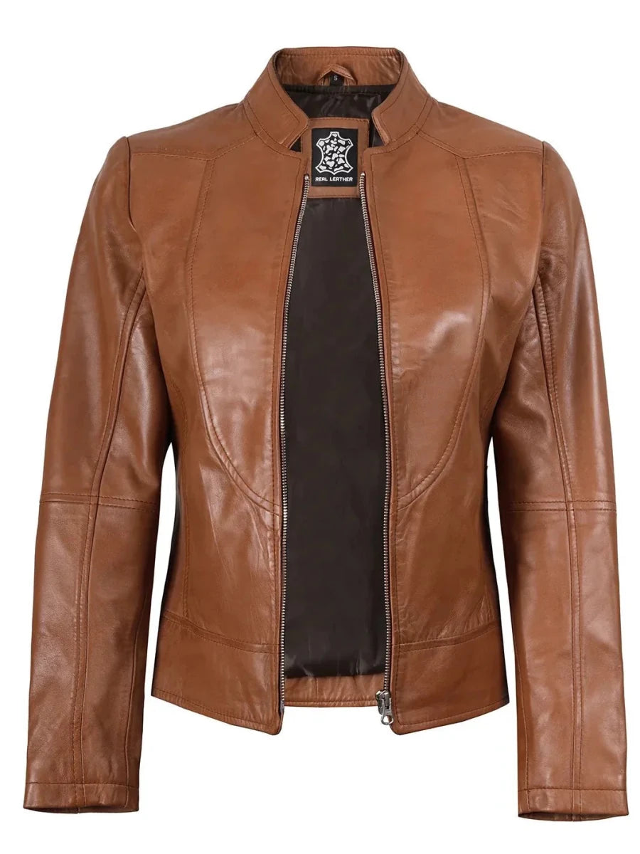 Amy Womens Cafe Racer Tan Brown Real Leather Jacket - Vox Leather