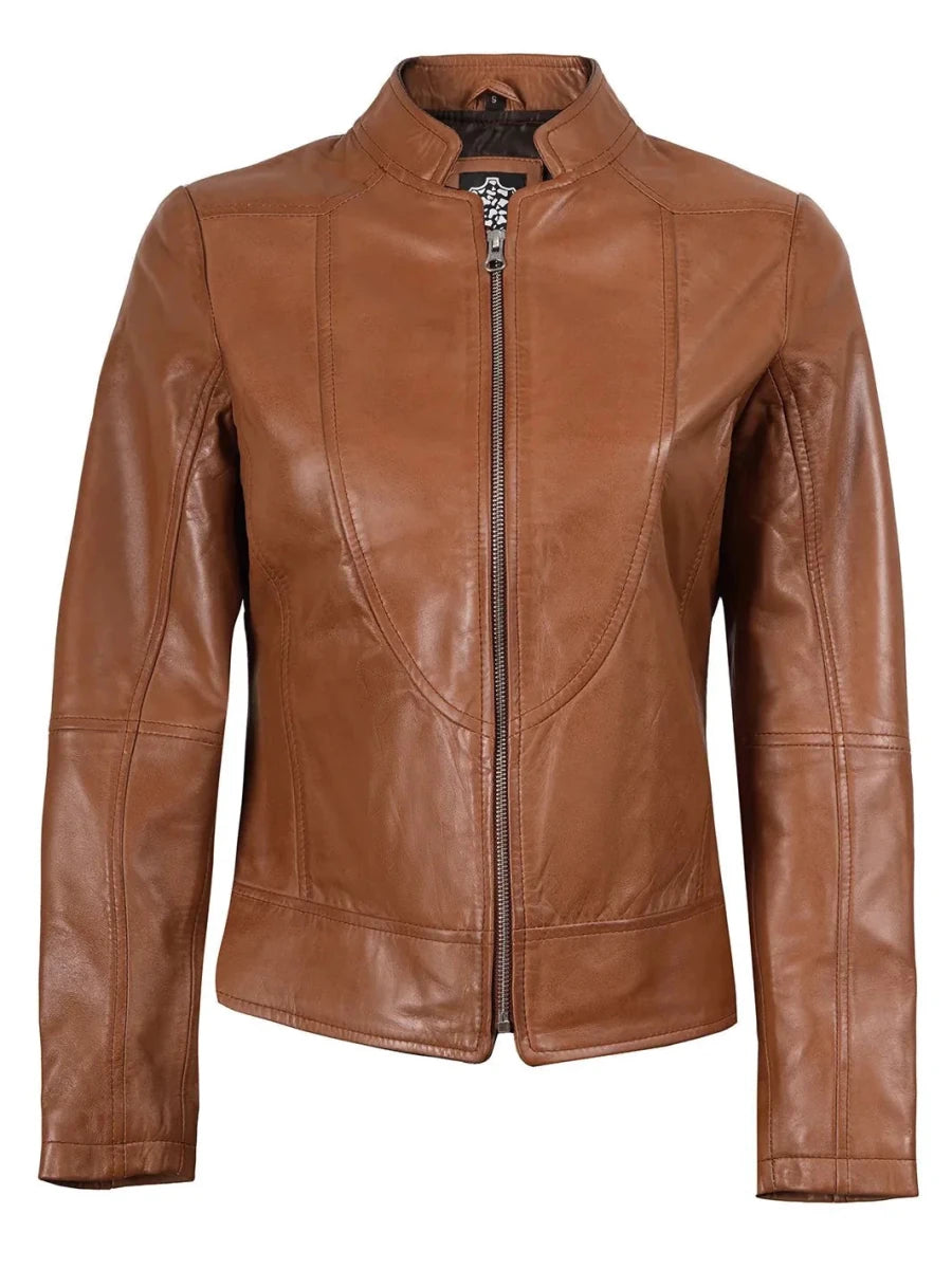 Amy Womens Cafe Racer Tan Brown Real Leather Jacket - Vox Leather