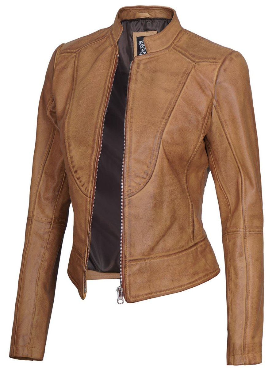 Amy Womens Camel Leather Moto Jacket - Vox Leather