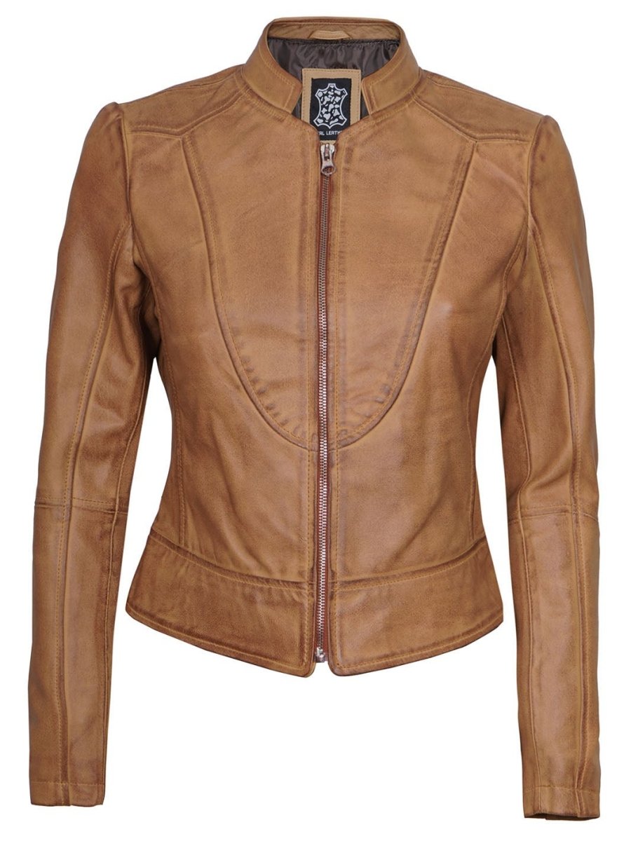 Amy Womens Camel Leather Moto Jacket - Vox Leather