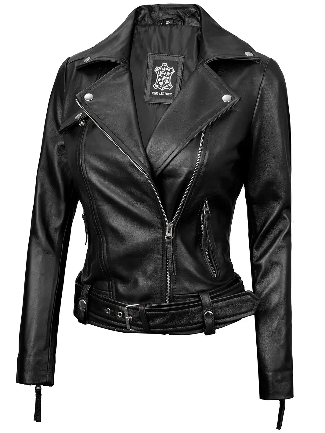 Angela Womens Black Asymmetrical Belted Leather Jacket - Rare Leather
