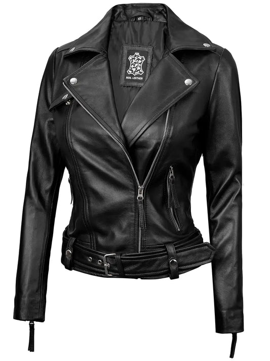 Angela Womens Black Asymmetrical Belted Leather Jacket - Rare Leather