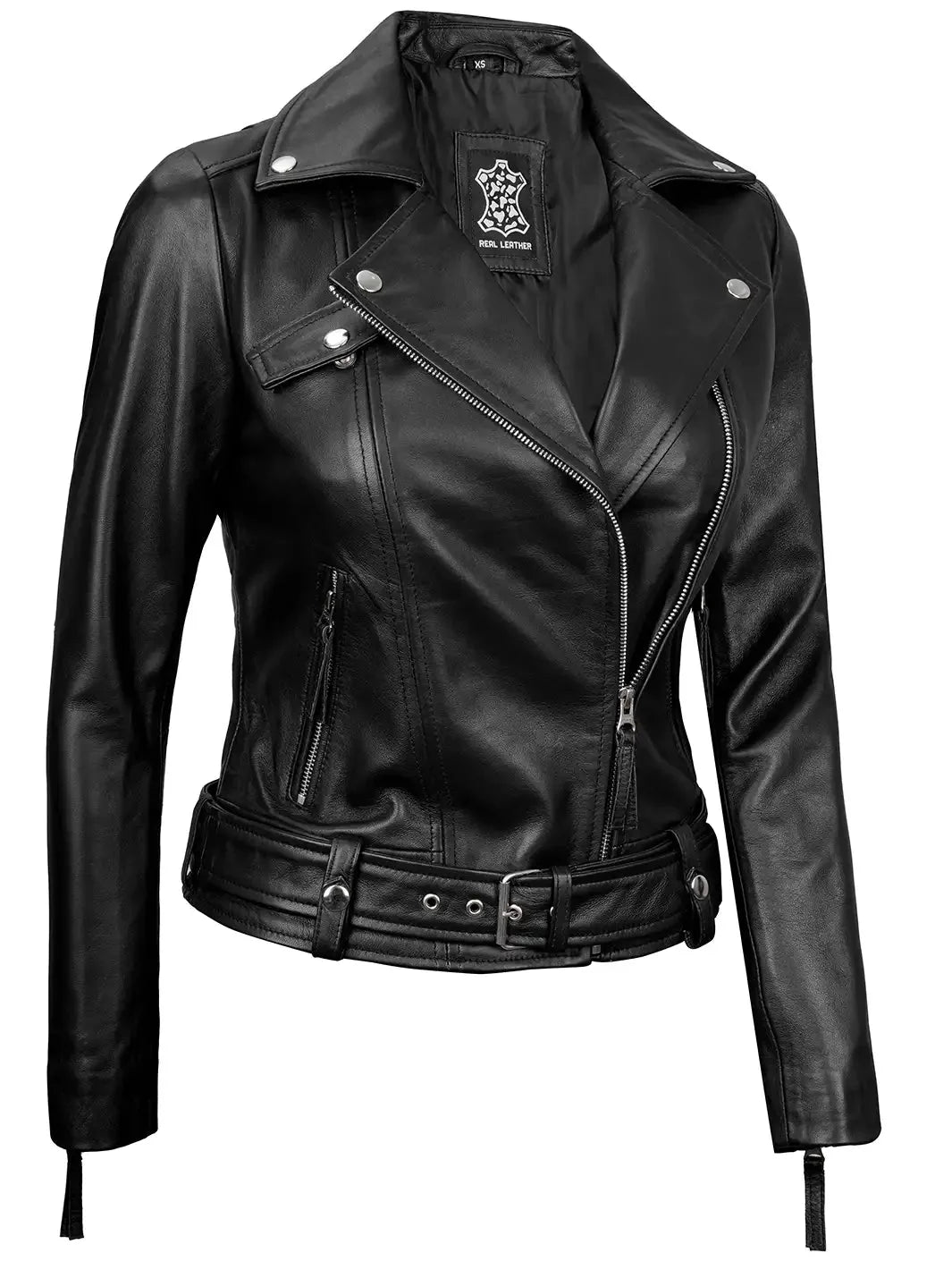 Angela Womens Black Asymmetrical Belted Leather Jacket - Rare Leather