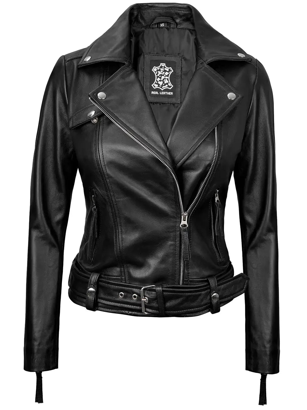 Angela Womens Black Asymmetrical Belted Leather Jacket - Rare Leather