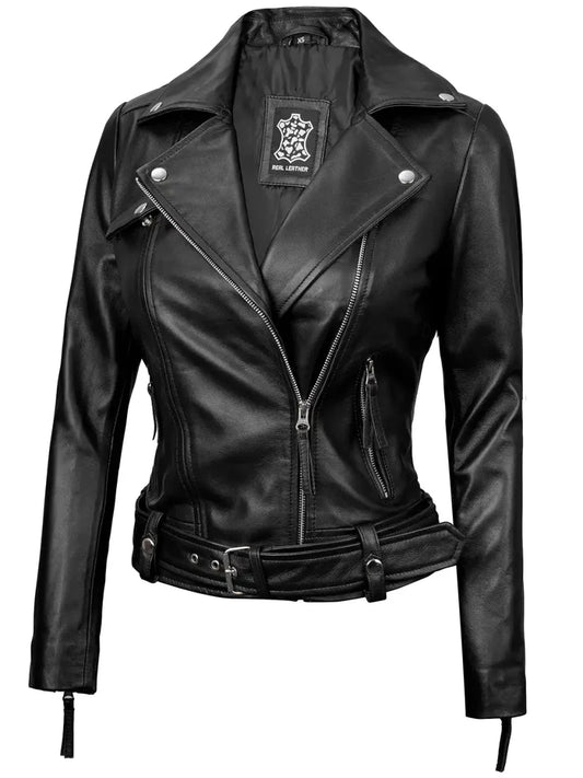Angela Womens Black Asymmetrical Belted Leather Jacket - Vox Leather