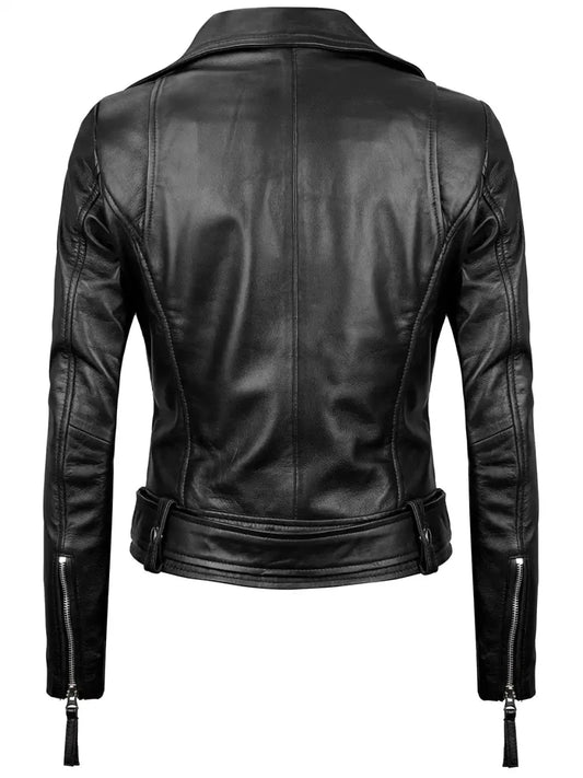 Angela Womens Black Asymmetrical Belted Leather Jacket - Vox Leather