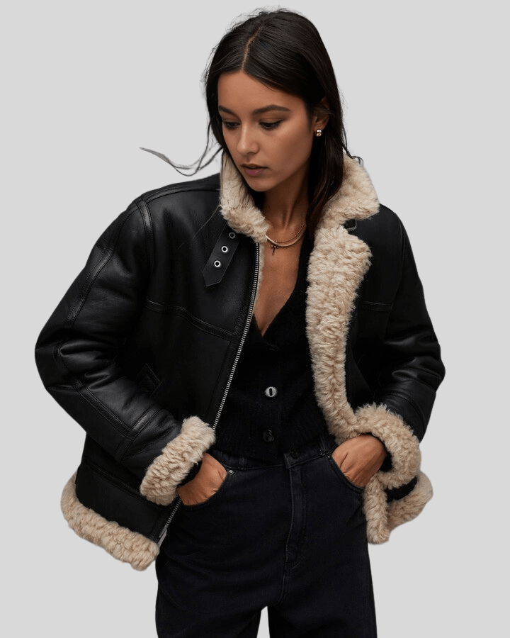 Arctic Chic Leather Flight Black Leather Jacket with Sherpa Lining - Rare Leather